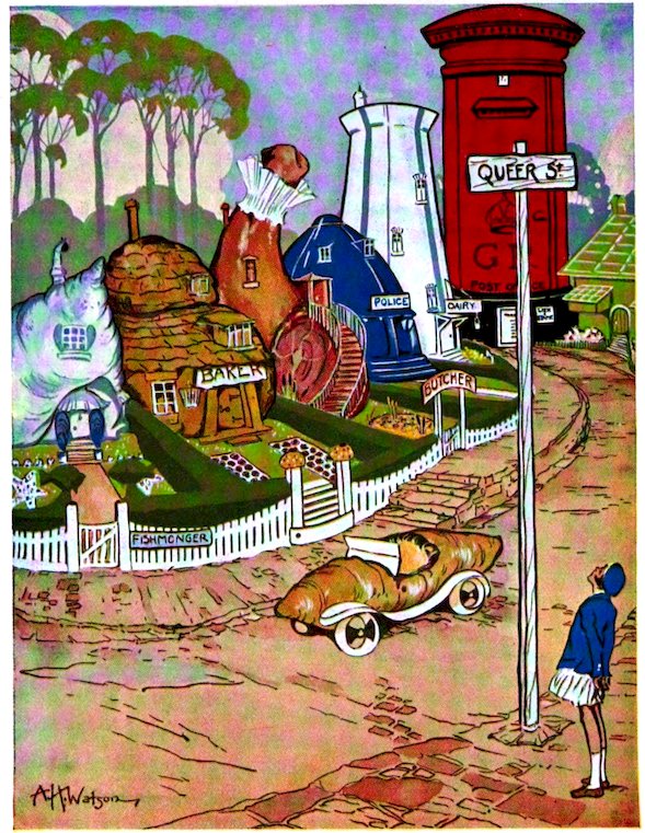 Color illustration of a street scene featuring whimsical buildings shaped like household items and food, including a giant red post box, a police station, and a baker