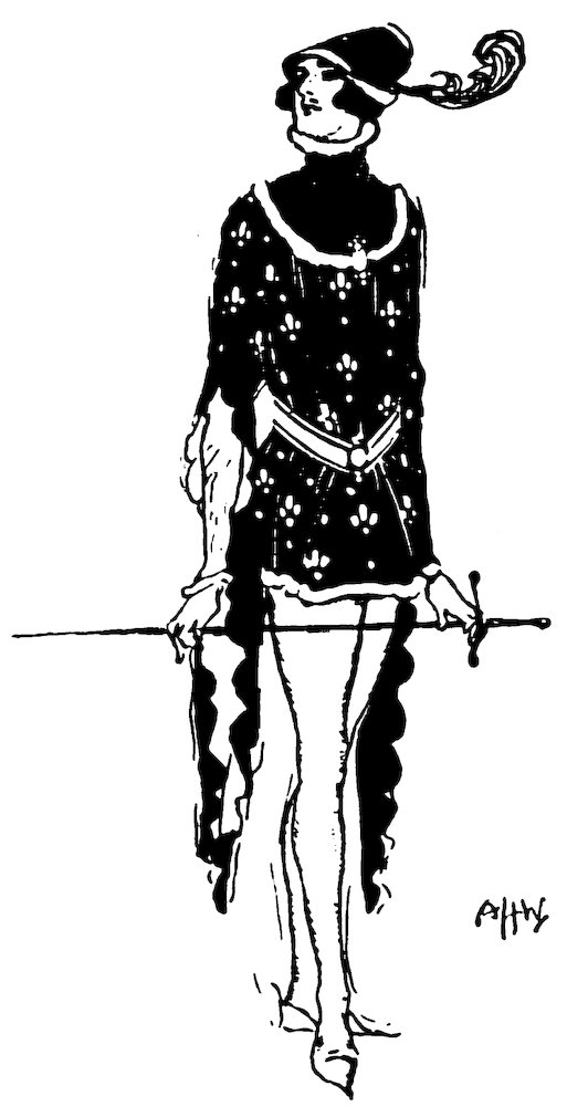 Black and white illustration of a figure in medieval or Renaissance attire, wearing a feathered hat, patterned tunic, and holding a long sword horizontally across their body.