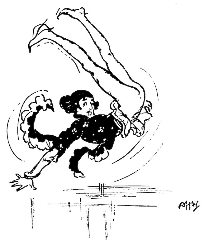 Black and white illustration of a person tumbling or falling head over heels through the air.