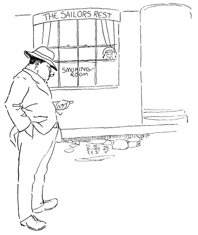Black and white illustration of a man standing outside a building labeled “The Sailors Rest” and “Smoking Room,” looking down while someone peeks out from the window above.