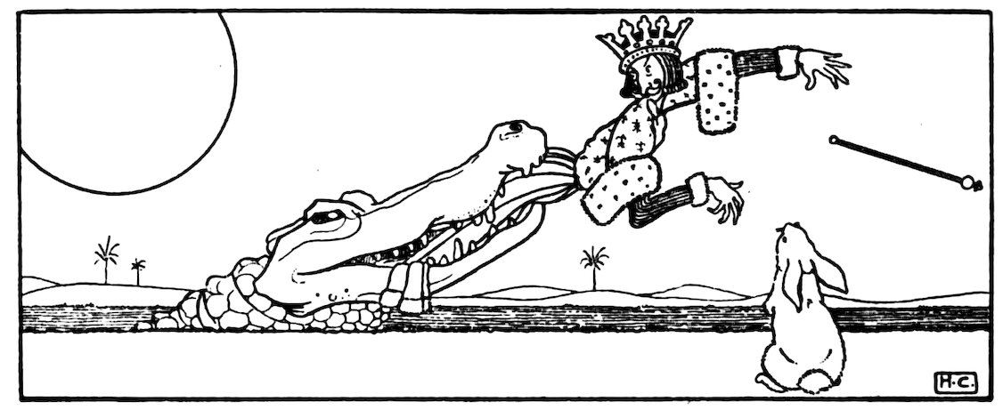 Black and white illustration of a king wearing a crown and royal robe, springing out of the mouth of a large crocodile near a body of water, while a rabbit sits watching nearby.