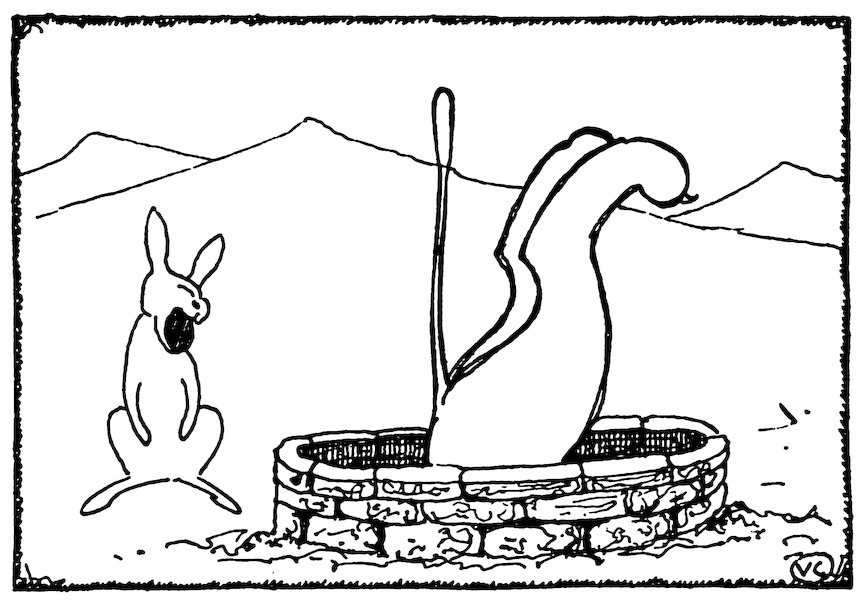 Black and white illustration of a hare sitting near a stone well, laughing or yawning with its mouth wide open, while the lion jumps into the well.