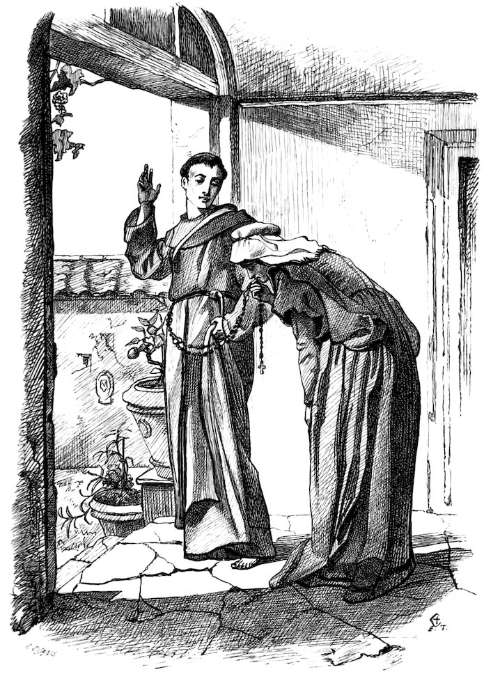 A monk blessing a woman kissing his rosary beads.