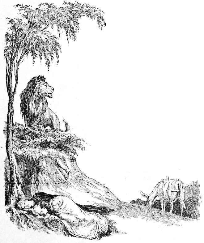 Lion sitting on a cliff above a sleeping woman while a donkey grazes nearby.