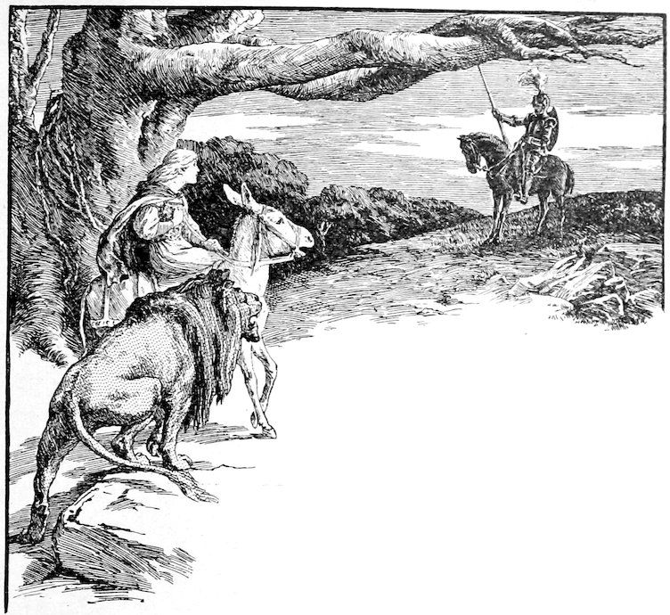 Lion and a woman on a donkey facing a knight on horseback.