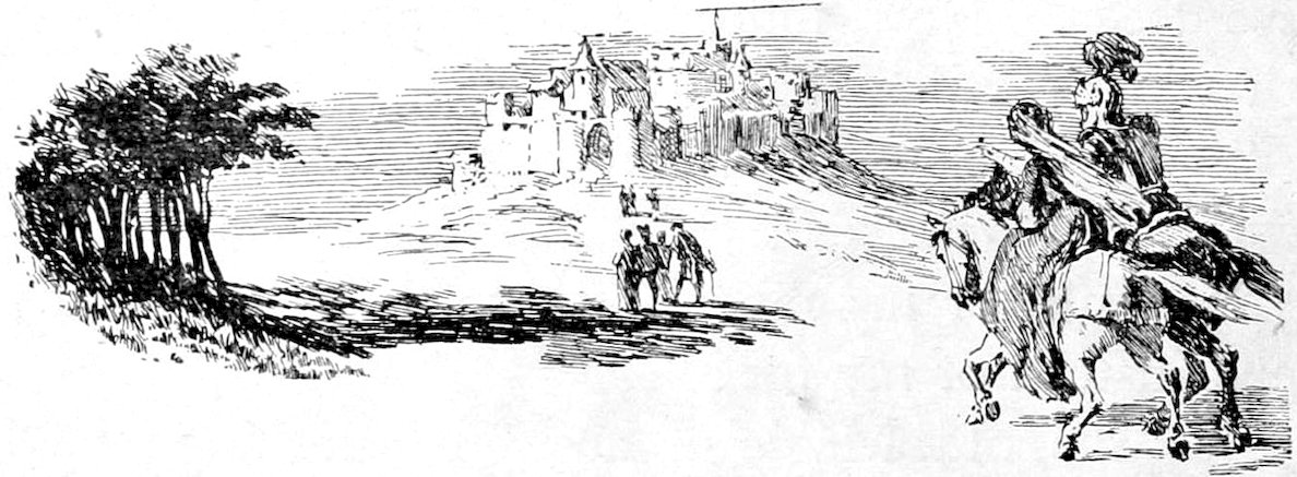Knight and a woman on horseback looking toward a distant castle.