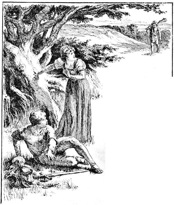 Woman standing near a tree and a man on the ground as a figure approaches in the distance.