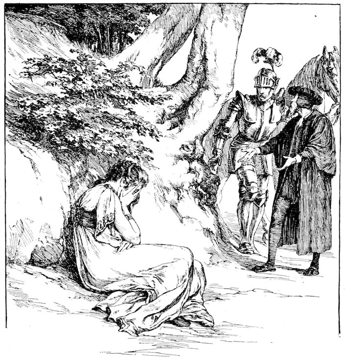A weeping woman seated on the ground while a knight and a man approach.