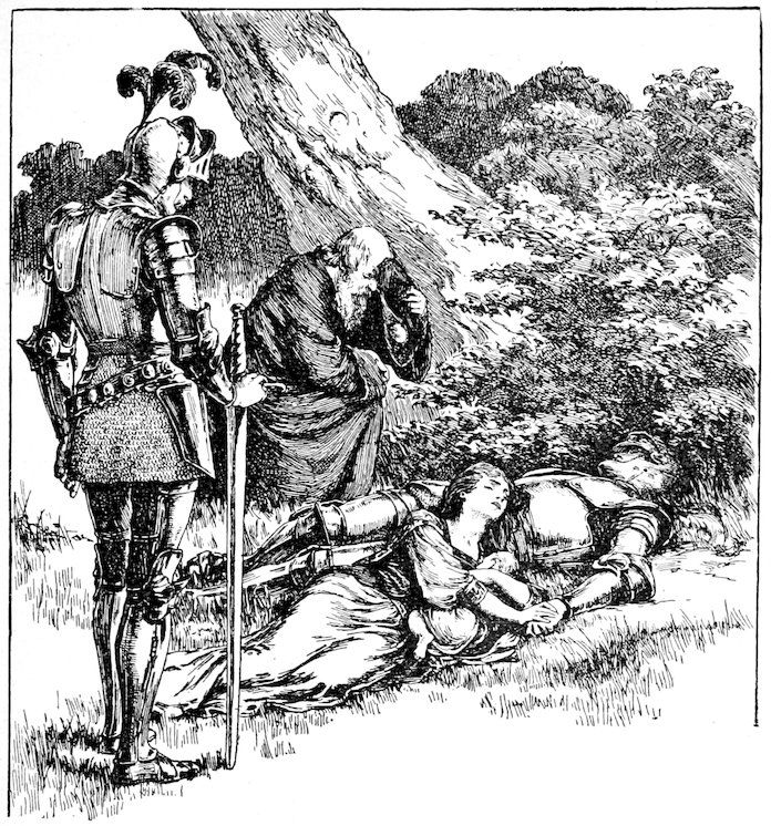 Knight standing near a woman and a knight lying dead on the ground, with an old man sitting nearby.