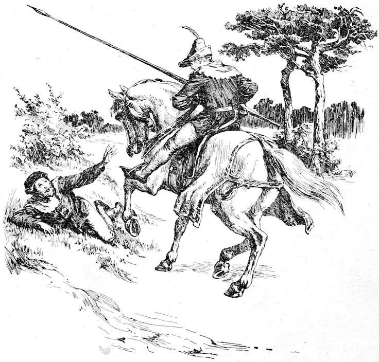 A horseman holding a long spear rides past a man lying on the ground.