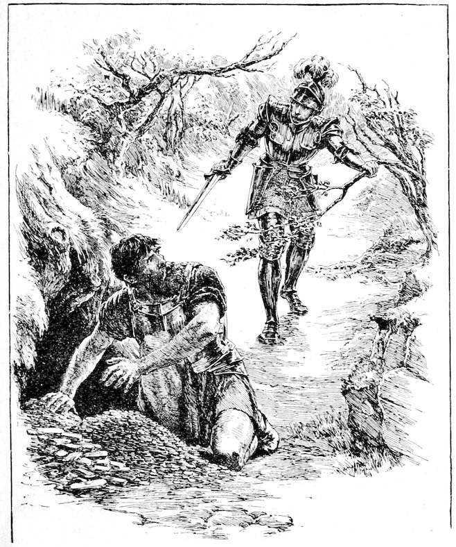 Knight with a sword approaching a man who is kneeling near a hole or cave opening on the ground.