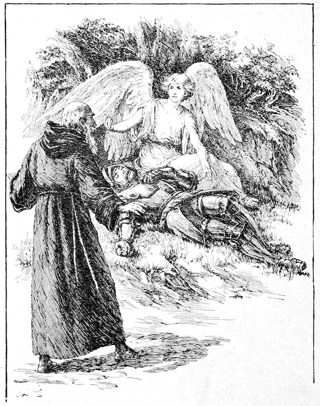 An angel sitting beside a fallen knight on the ground while the Palmer looks on.
