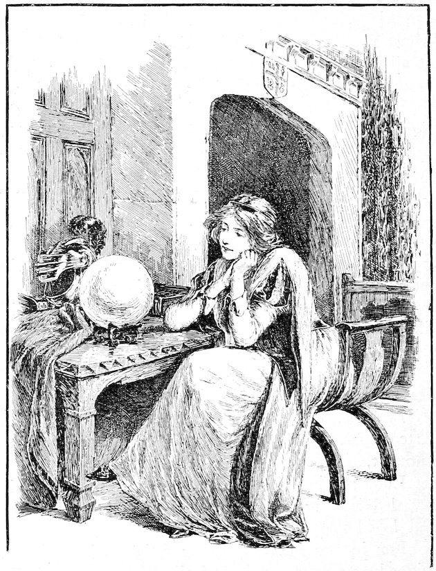 A woman holds her chin in her hands as she sits gazing at a crystal ball on a table.