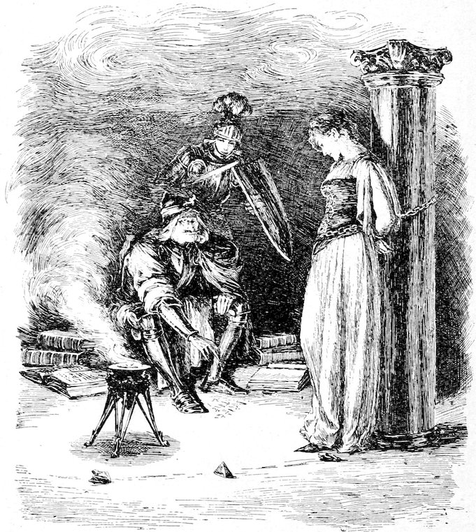 A woman chained to a pillar while a seated figure tends to a small fire and a knight stands holding a shield behind them.