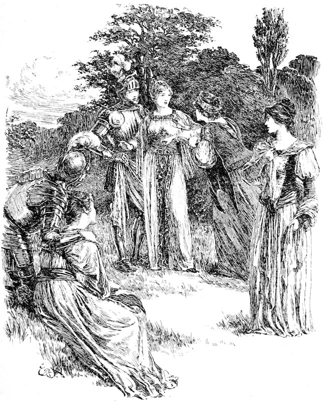 An armored knight and a seated woman among a group of people outdoors.