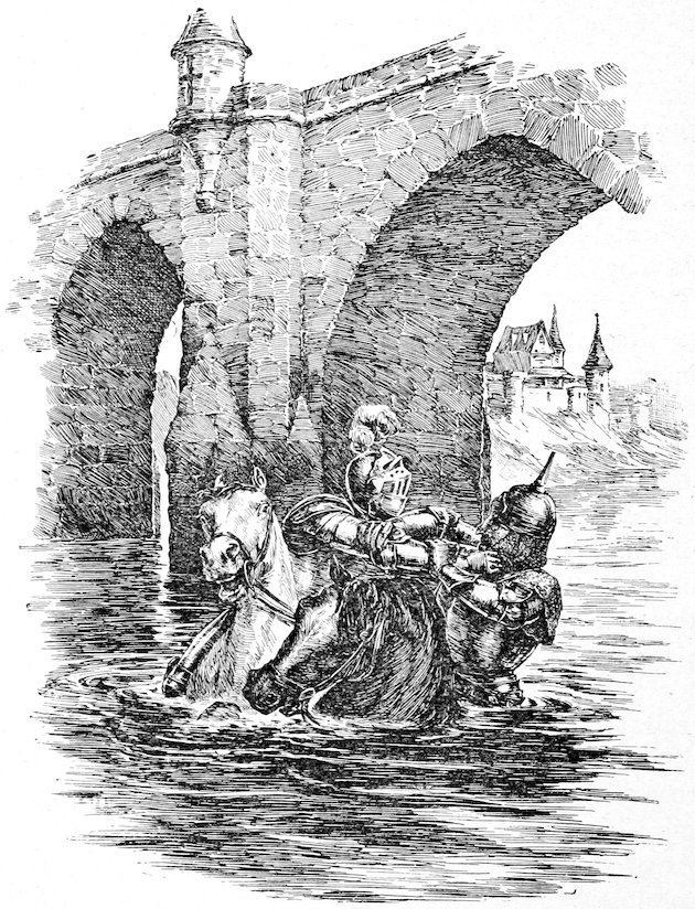 Two armored knights on horses wading in water beneath a stone bridge.
