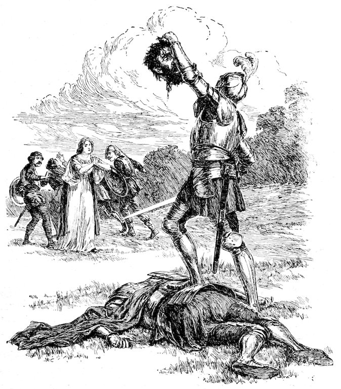An armored knight holding up a severed head while standing over a fallen body, with onlookers in the background.