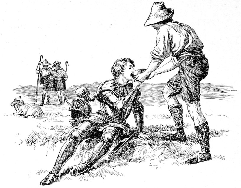 A person giving drink to a seated armored knight, with shepherds and sheep in the distance.