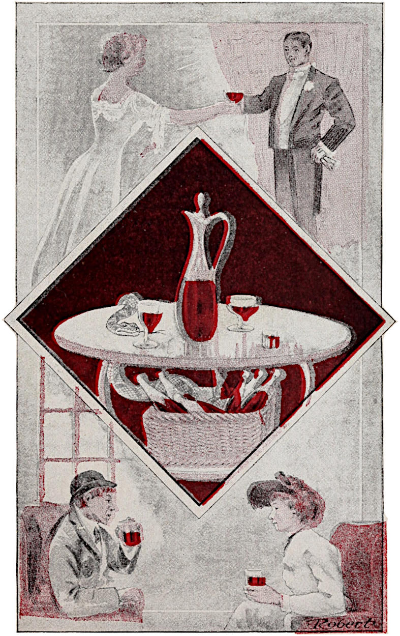 Couple getting married; table with carafe and glassses of wine; couple drinking wine