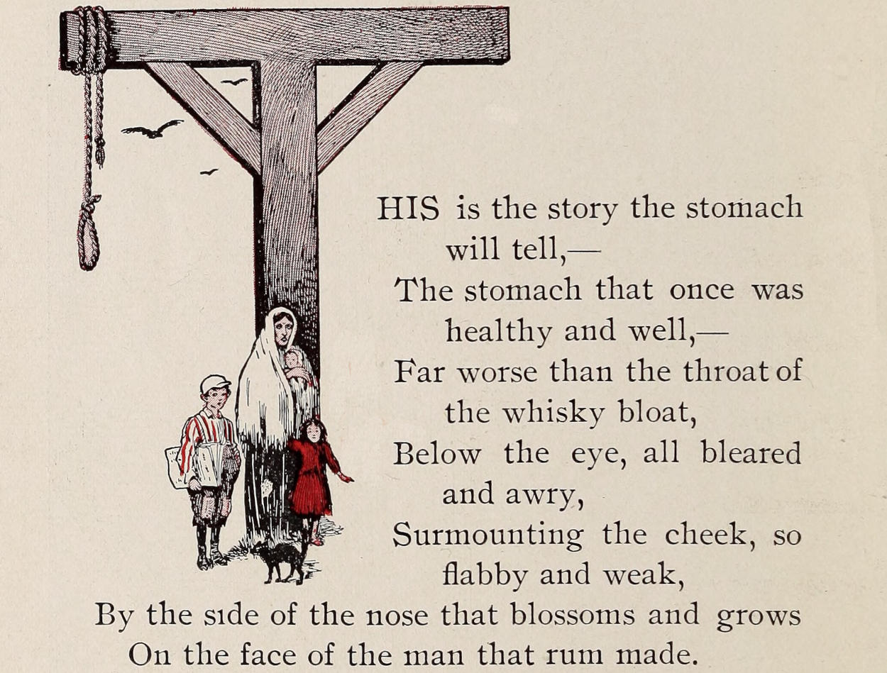 Destitute mother, children and cat under capital T-shaped gallows