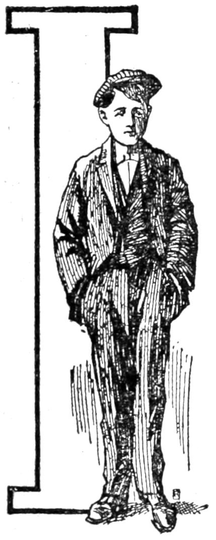 Joey as a young man standing before a capital I