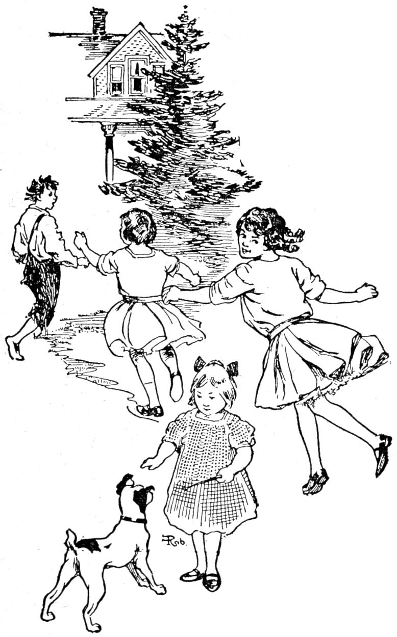 Three girls, a ragamuffin boy and a dog playing