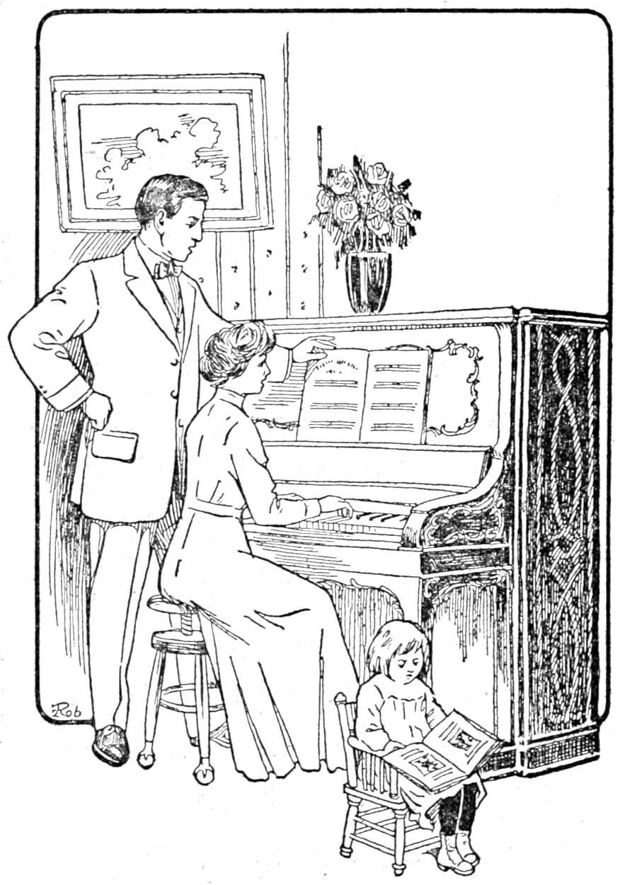 Couple playing piano and singing with child reading a book
