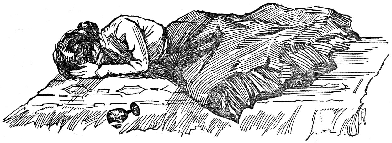 Mrs. Bennet asleep on a rug with an empty wine glass