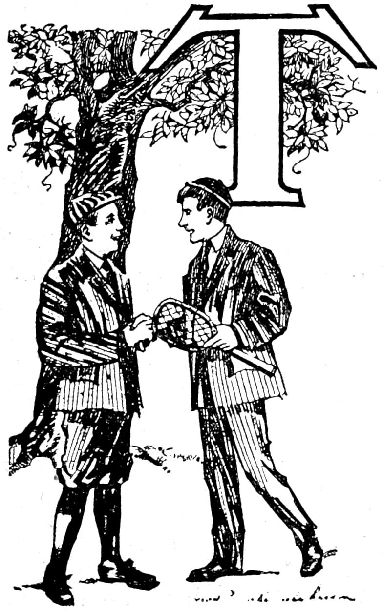 Capital T; two school boys under a tree