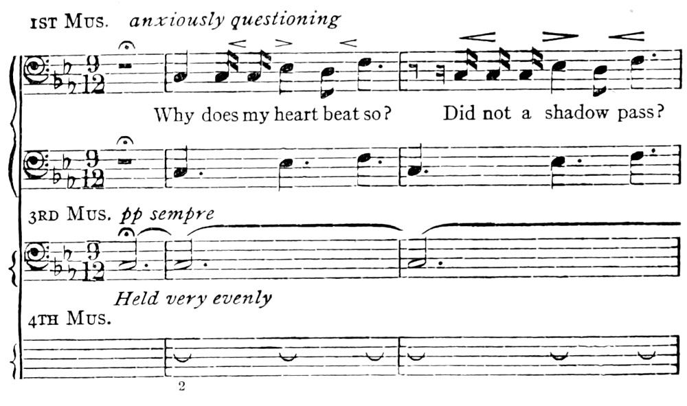 The beginning of a passage of music; the lyrics are the passage from the play beginning "Why does my heart beat so?".