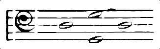 Musical example showing, in bass clef, the note D, G in two octaves, and then D again.
