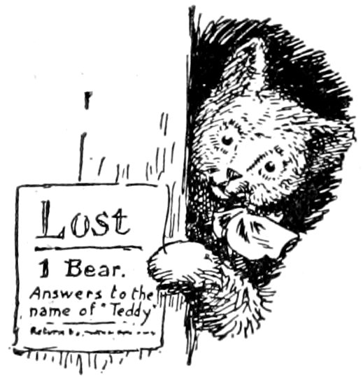 Toy bear peeking out from behind a "Lost 1 Bear" sign.