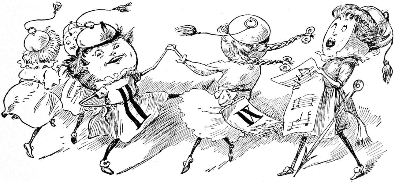 Toy figures dancing and singing while holding sheet music.