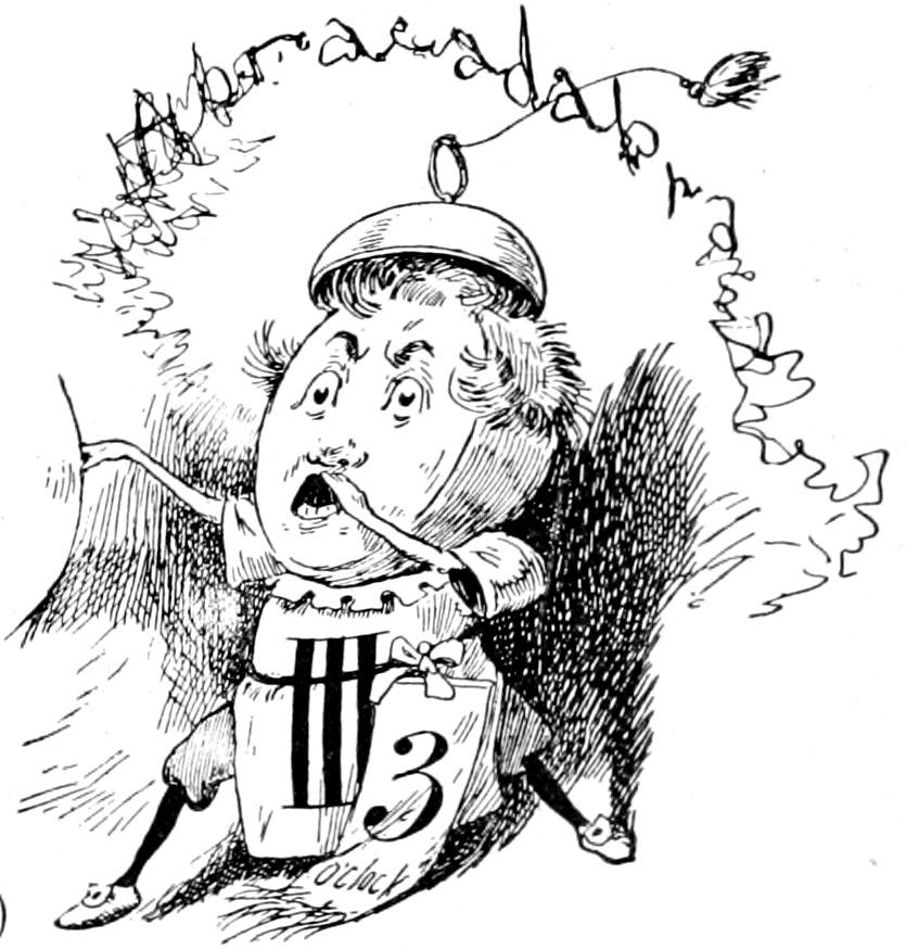 A toy figure with a clock face head, a bell-like cap, and a banner reading "3 o