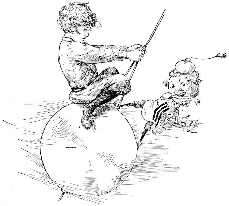 A boy riding atop a large spherical balloon while a small toy figure clings to the side.