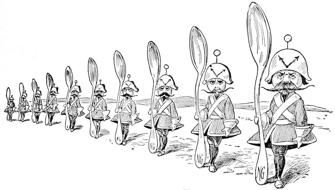 A line of uniformed toy soldiers marching while carrying large spoons.