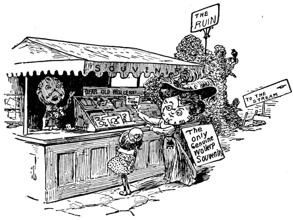 A woman and child looking at items at a souvenir stand with signs reading "Souvenirs" and "The Ruin."