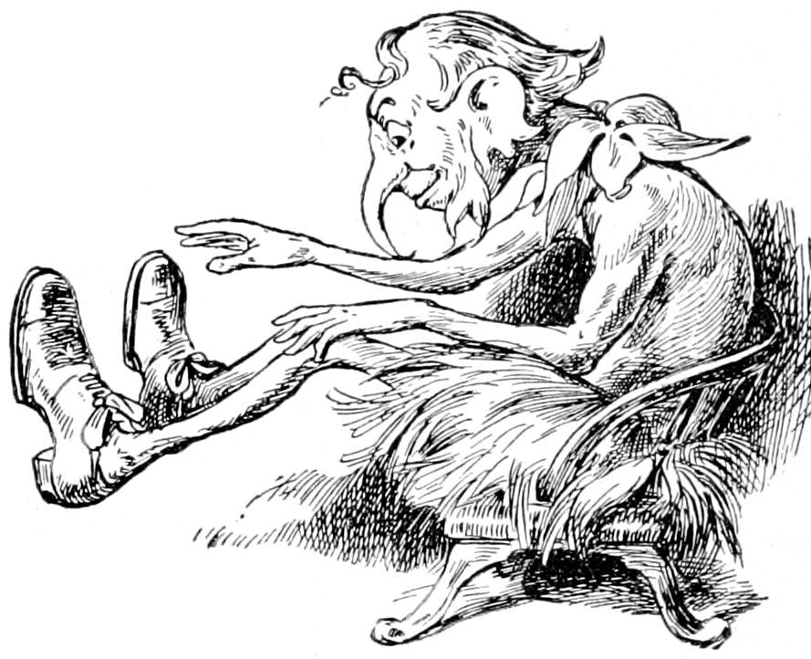 A long-nosed, bearded figure sitting in a chair with outstretched legs and shoes.