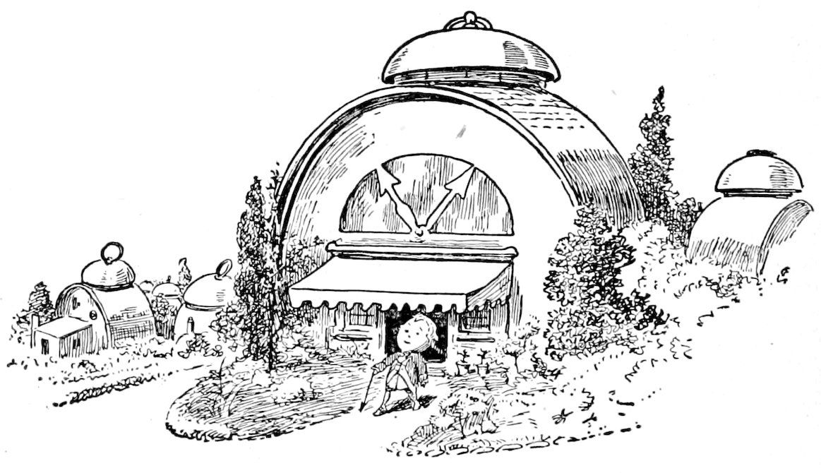 A rounded, clock-faced building with a bell dome on top and an awning over the entrance, where a figure stands outside.