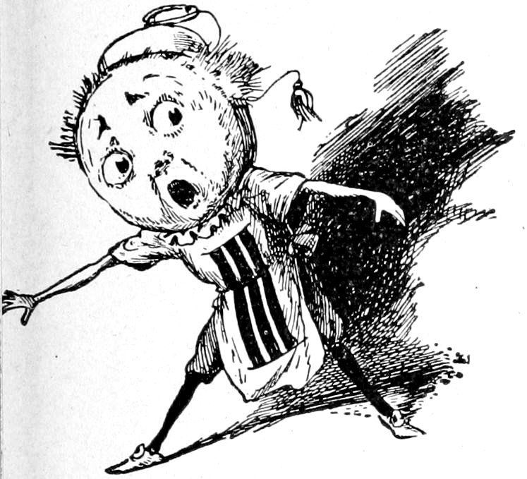A shocked, round-faced figure wearing a clock-like hat and an apron, leaning backward away from a dark, streaked shadow.
