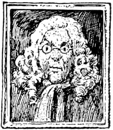 A framed portrait of a person with curly, shoulder-length hair and glasses.