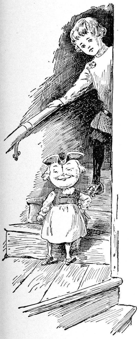 A short, round-headed figure wearing a tricorn hat and an apron stands on a staircase, while a child leans over the banister above.