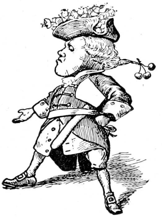 A figure in a tricorn hat adorned with small items, wearing a jacket, breeches, and buckled shoes, walking with cherries tied to their pigtail.