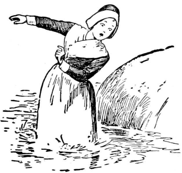 A woman wearing a cap and dress standing in water near a large rock or bank, looking shocked or startled with one arm outstretched.