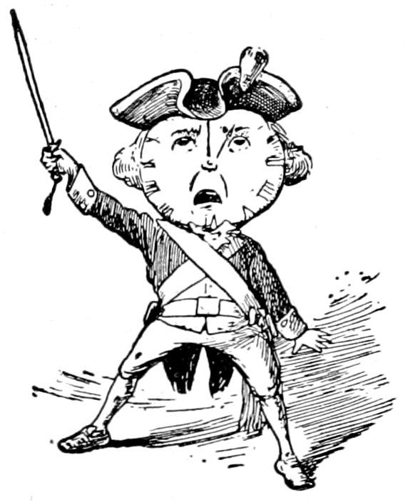 A clock-headed figure wearing a tricorn hat and uniform, standing with legs apart and raising a baton or stick in one hand.