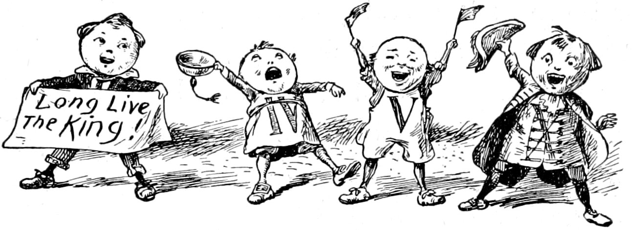 Four figures celebrating: the first holds a banner that reads "Long Live the King!", the second raises a cap while wearing a tunic with "IV", the third waves flags while wearing a garment with "V", and the fourth joyfully waves a hat in the air.