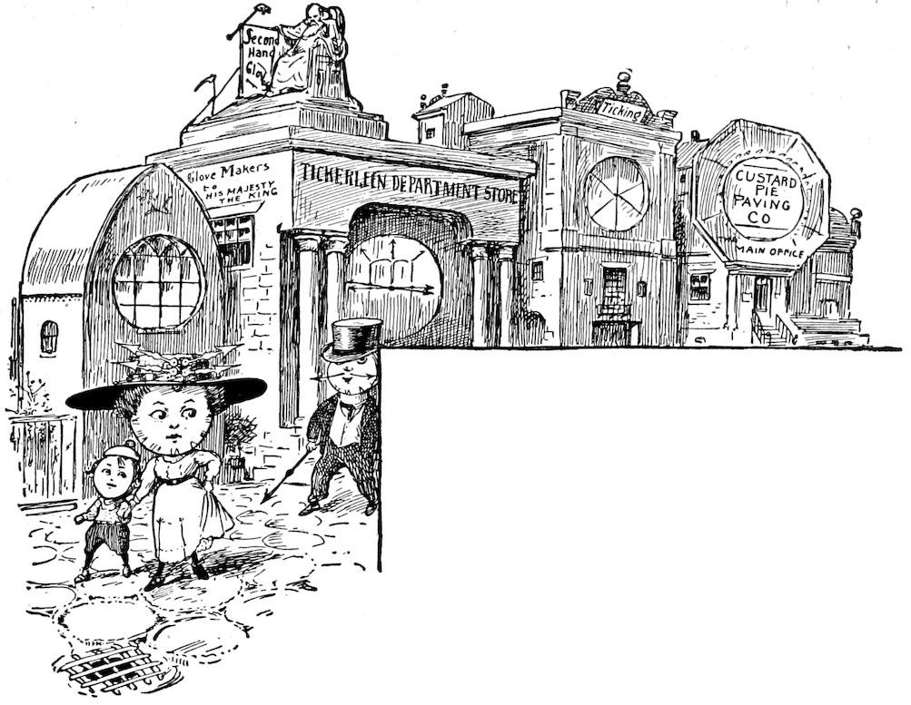 A street scene featuring various buildings with signs like "TICKERLEEN DEPARTMENT STORE," "Glove Makers to HIS MAJESTY THE KING," and "CUSTARD PIE PAVING CO," while figures walk in the foreground, including a character with a clock face and top hat peering around a corner.