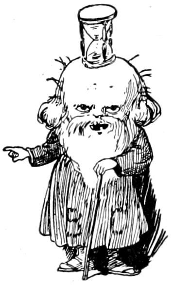 An elderly, bearded man with an hourglass balanced on his bald head, wearing a robe and leaning on a walking stick while pointing to the side with one hand.