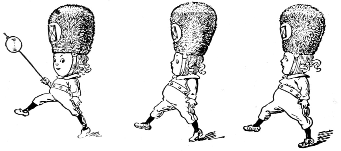 Three figures wearing large furry hats with an hourglass insignia, marching in step; the first figure holds a stick with a small sphere at the end.