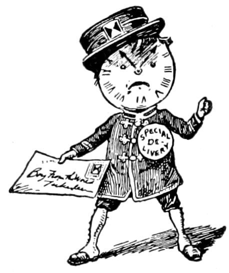 A clock-faced delivery character wearing a cap and uniform with a "SPECIAL DELIVERY" badge, holding out an envelope.
